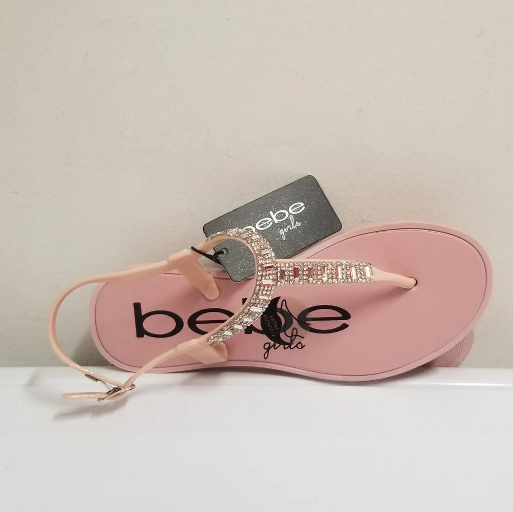 Bebe Girl's Blush T-Strap Slingback Sandals with Sparkly Rhinestones L 2-3